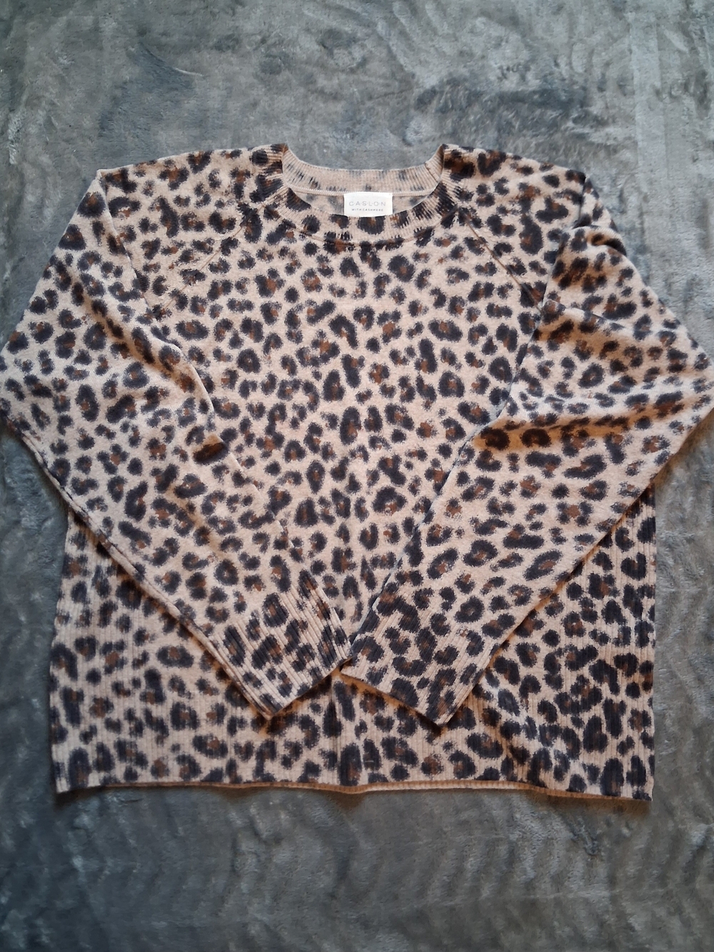 Womens XL Caslon Wool Cashmere Beige and Brown Leopard Print Crewneck  Sweater